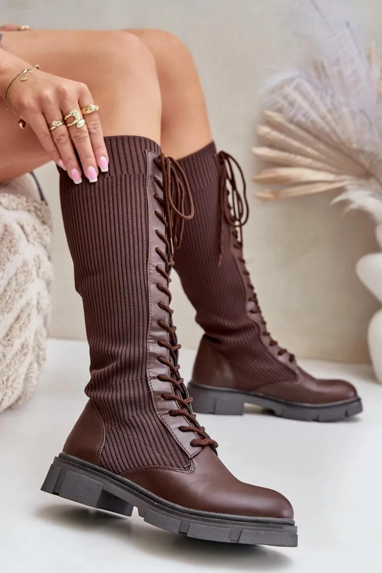Sznurowane Kozaki Z Elastyczną Cholewką Brązowe Vamilena