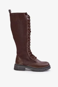 Sznurowane Kozaki Z Elastyczną Cholewką Brązowe Vamilena