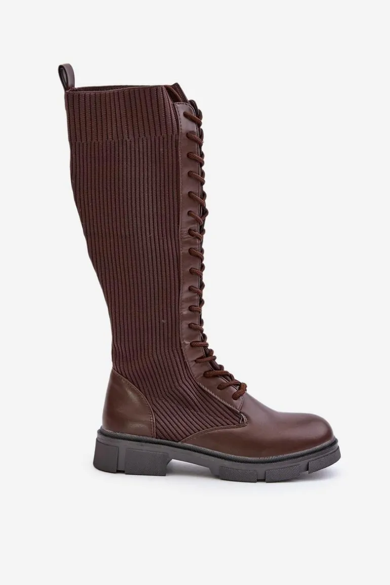 Sznurowane Kozaki Z Elastyczną Cholewką Brązowe Vamilena