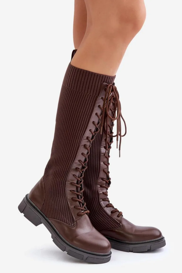 Sznurowane Kozaki Z Elastyczną Cholewką Brązowe Vamilena