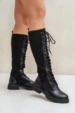 Sznurowane Kozaki Z Elastyczną Cholewką Czarne Vamilena