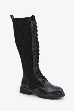 Sznurowane Kozaki Z Elastyczną Cholewką Czarne Vamilena