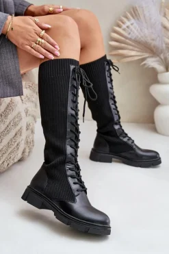 Sznurowane Kozaki Z Elastyczną Cholewką Czarne Vamilena