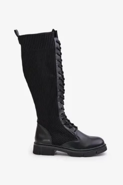 Sznurowane Kozaki Z Elastyczną Cholewką Czarne Vamilena