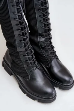 Sznurowane Kozaki Z Elastyczną Cholewką Czarne Vamilena