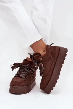 Sznurowane Śniegowce Damskie Na Platformie Ocieplane Futerkiem Brązowe Tavelle