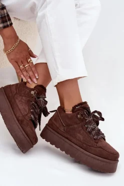 Sznurowane Śniegowce Damskie Na Platformie Ocieplane Futerkiem Brązowe Tavelle
