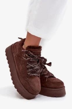 Sznurowane Śniegowce Damskie Na Platformie Ocieplane Futerkiem Brązowe Tavelle