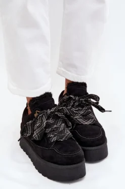 Sznurowane Śniegowce Damskie Na Platformie Ocieplane Futerkiem Czarne Tavelle