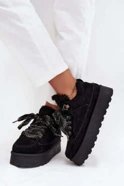 Sznurowane Śniegowce Damskie Na Platformie Ocieplane Futerkiem Czarne Tavelle