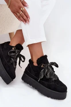 Sznurowane Śniegowce Damskie Na Platformie Ocieplane Futerkiem Czarne Tavelle