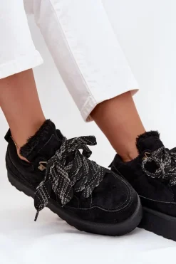 Sznurowane Śniegowce Damskie Na Platformie Ocieplane Futerkiem Czarne Tavelle
