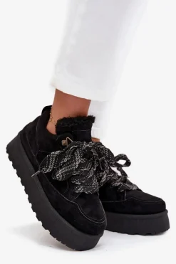 Sznurowane Śniegowce Damskie Na Platformie Ocieplane Futerkiem Czarne Tavelle