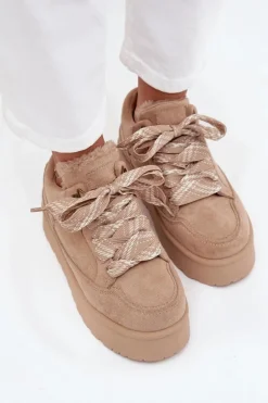 Sznurowane Śniegowce Damskie Na Platformie Ocieplane Futerkiem Beżowe Tavelle