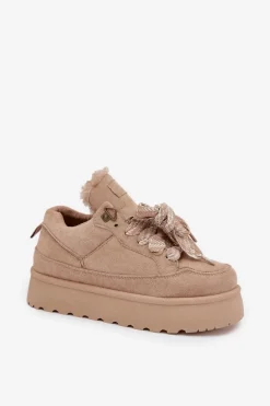 Sznurowane Śniegowce Damskie Na Platformie Ocieplane Futerkiem Beżowe Tavelle