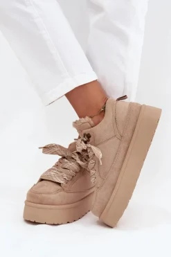 Sznurowane Śniegowce Damskie Na Platformie Ocieplane Futerkiem Beżowe Tavelle
