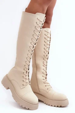 Sznurowane Ocieplane Kozaki Glany Przed Kolano Beżowe Bergdis