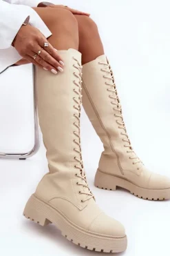 Sznurowane Ocieplane Kozaki Glany Przed Kolano Beżowe Bergdis