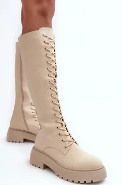 Sznurowane Ocieplane Kozaki Glany Przed Kolano Beżowe Bergdis