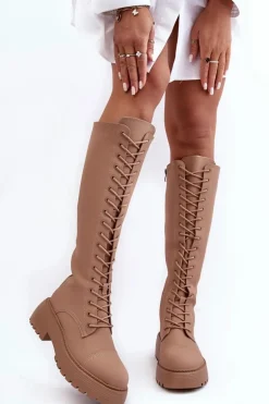 Sznurowane Ocieplane Kozaki Glany Przed Kolano Ciemnobeżowe Bergdis