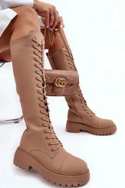 Sznurowane Ocieplane Kozaki Glany Przed Kolano Ciemnobeżowe Bergdis