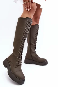 Sznurowane Ocieplane Kozaki Glany Przed Kolano Ciemnozielone Bergdis