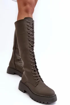 Sznurowane Ocieplane Kozaki Glany Przed Kolano Ciemnozielone Bergdis