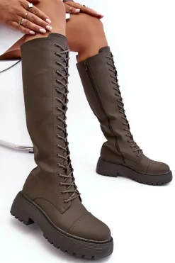 Sznurowane Ocieplane Kozaki Glany Przed Kolano Ciemnozielone Bergdis