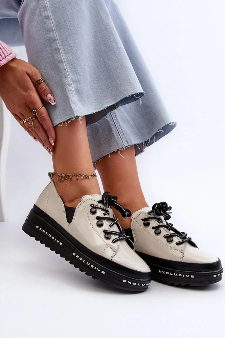 Sznurowane Półbuty Damskie Na Platformie Skóra Naturalna S.Barski LR620 Beżowe