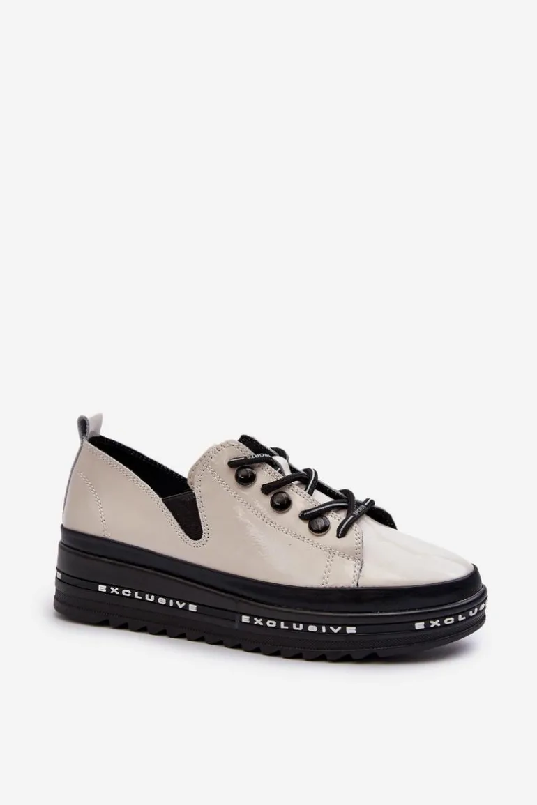 Sznurowane Półbuty Damskie Na Platformie Skóra Naturalna S.Barski LR620 Beżowe