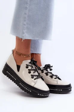 Sznurowane Półbuty Damskie Na Platformie Skóra Naturalna S.Barski LR620 Beżowe