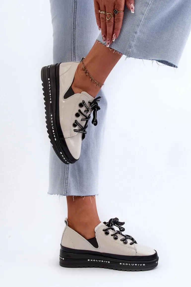 Sznurowane Półbuty Damskie Na Platformie Skóra Naturalna S.Barski LR620 Beżowe