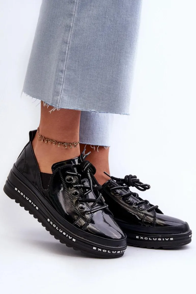 Sznurowane Półbuty Damskie Na Platformie Skóra Naturalna S.Barski LR620 Czarne