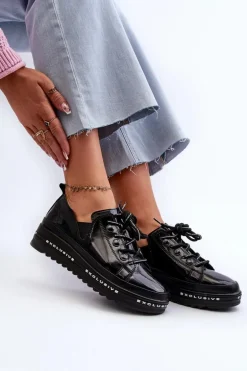 Sznurowane Półbuty Damskie Na Platformie Skóra Naturalna S.Barski LR620 Czarne