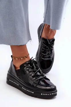 Sznurowane Półbuty Damskie Na Platformie Skóra Naturalna S.Barski LR620 Czarne