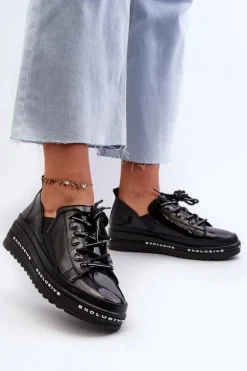 Sznurowane Półbuty Damskie Na Platformie Skóra Naturalna S.Barski LR620 Czarne