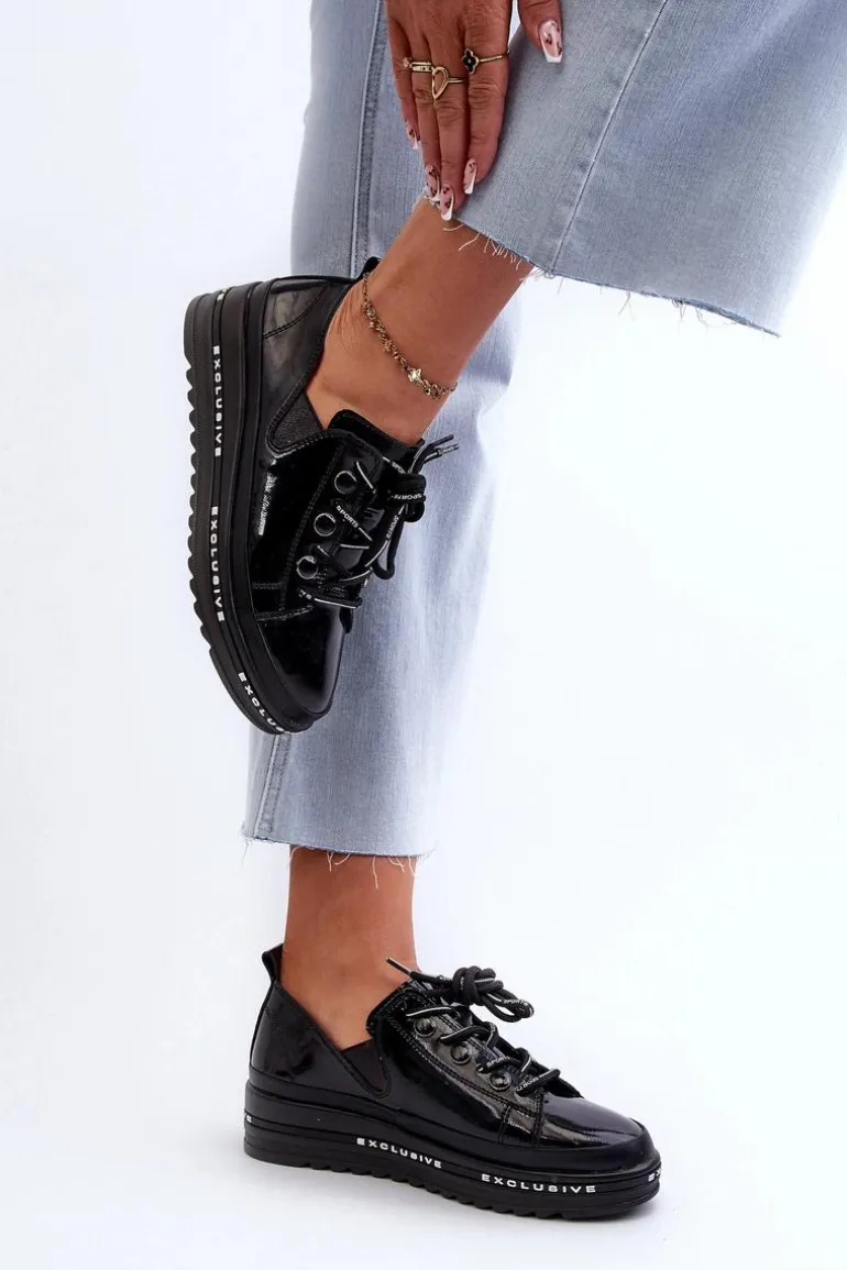 Sznurowane Półbuty Damskie Na Platformie Skóra Naturalna S.Barski LR620 Czarne