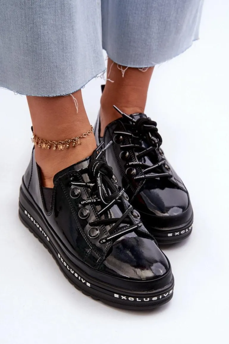 Sznurowane Półbuty Damskie Na Platformie Skóra Naturalna S.Barski LR620 Czarne