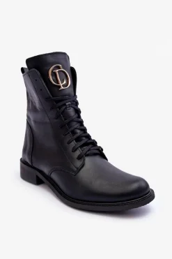 Sznurowane Skórzane Botki Z Ozdobą Czarne Nicole 2750