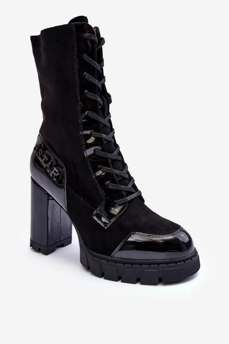 Sznurowane Skórzane Botki Na Masywnym Słupku Czarne Khariah