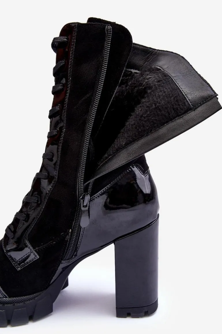 Sznurowane Skórzane Botki Na Masywnym Słupku Czarne Khariah