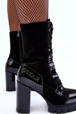 Sznurowane Skórzane Botki Na Masywnym Słupku Czarne Khariah