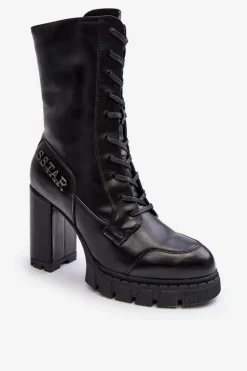 Sznurowane Skórzane Botki Na Masywnym Słupku Czarne Khariah