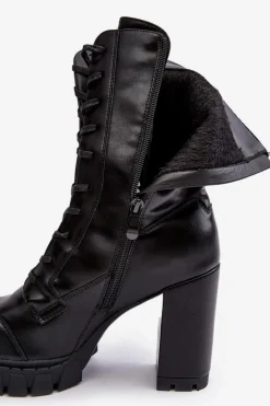 Sznurowane Skórzane Botki Na Masywnym Słupku Czarne Khariah