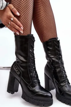 Sznurowane Skórzane Botki Na Masywnym Słupku Czarne Khariah