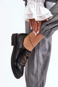 Sznurowane Skórzane Damskie Półbuty Czarne Nakera