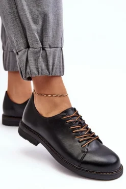 Sznurowane Skórzane Damskie Półbuty Czarne Nakera