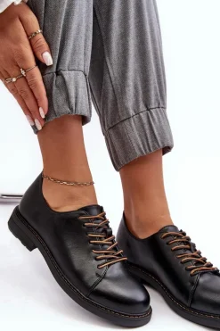 Sznurowane Skórzane Damskie Półbuty Czarne Nakera
