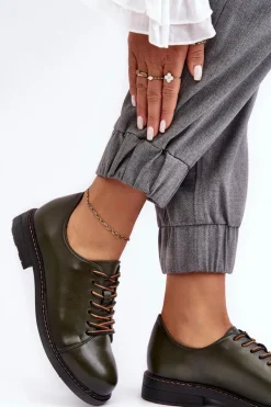 Sznurowane Skórzane Damskie Półbuty Ciemnozielone Nakera