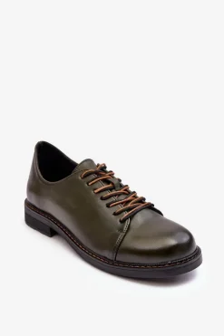 Sznurowane Skórzane Damskie Półbuty Ciemnozielone Nakera